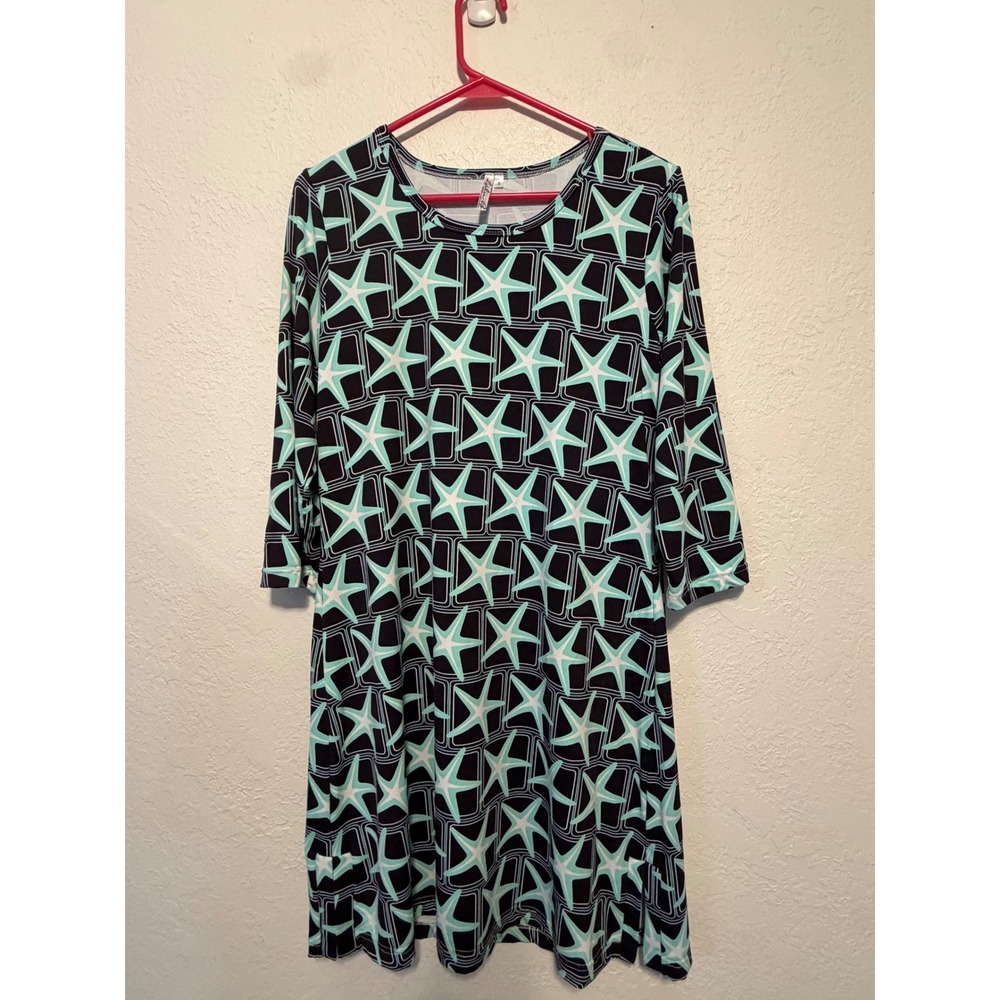 Lulu-B Starfish Print Shift Dress Navy Mint Green 3/4 Sleeve Small